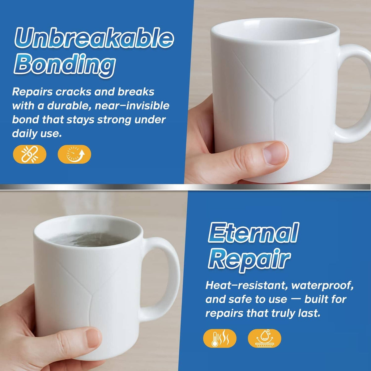 Hand holding a white ceramic mug with repaired crack lines; ceramic glue bonding