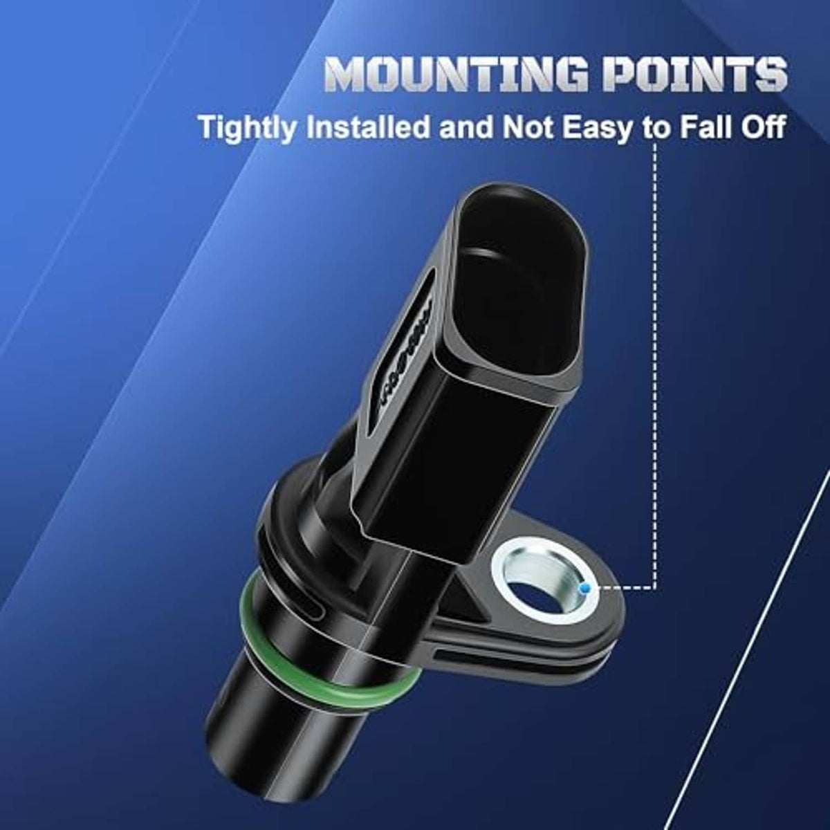 Camshaft position sensor close-up with green seal ring and mounting bracket