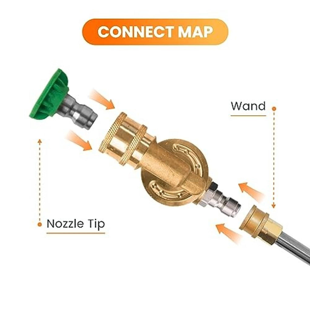 Gold pressure washer pivoting coupler with quick connectors and nozzle tip connection ends