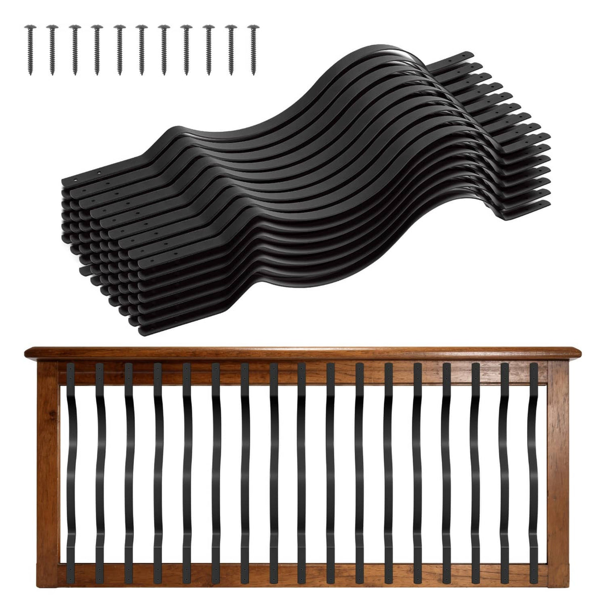 Black steel wave deck baluster spindles, bundled with flat mounting ends