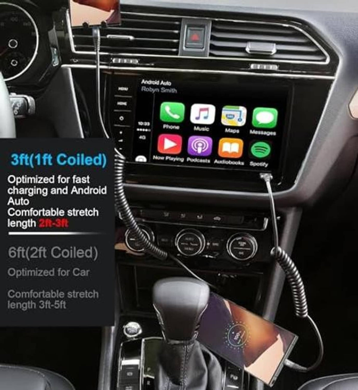 Black coiled USB-C to USB-C cable in car console near gear shift