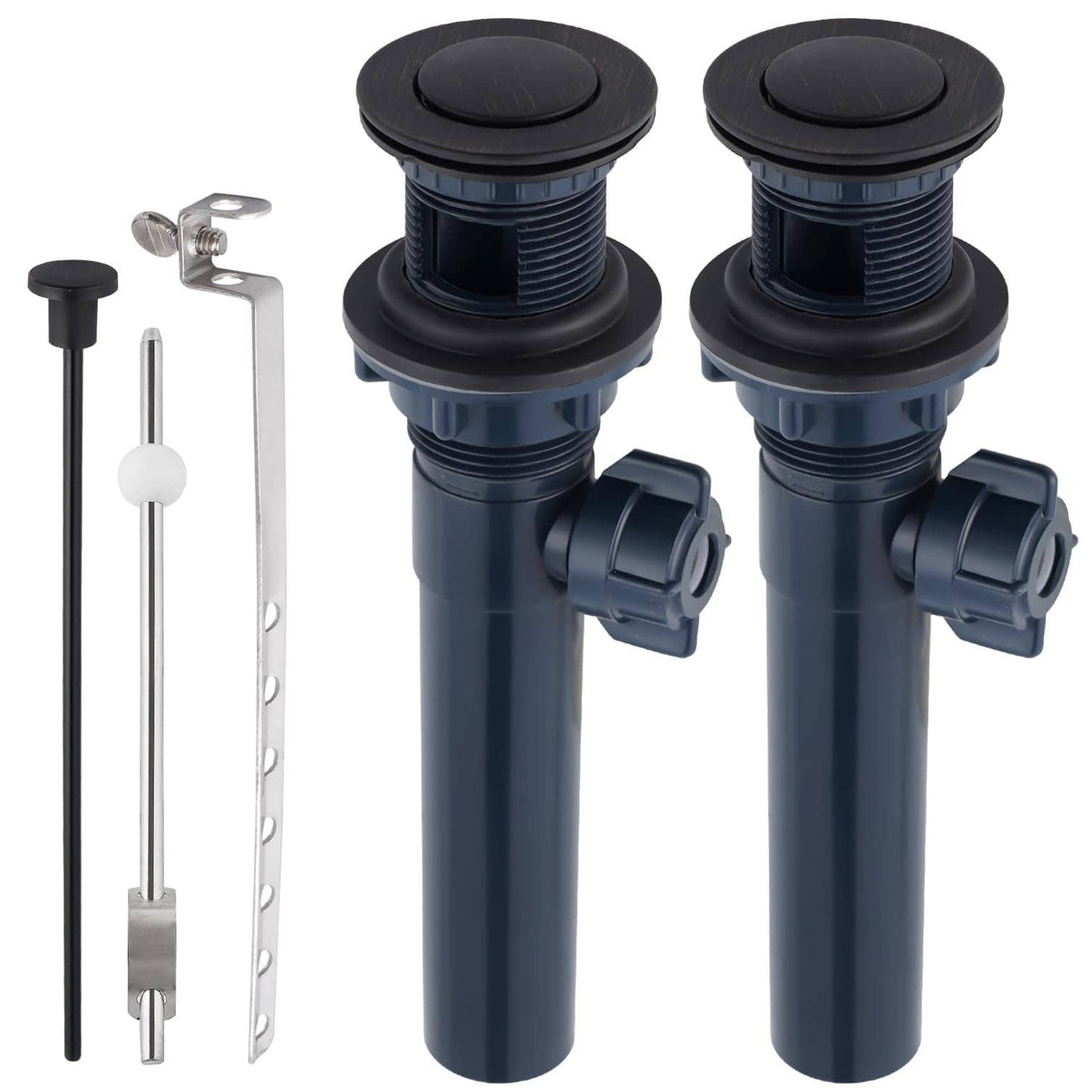 Bathroom sink drain stopper set with lift rod, dark drain bodies and matching parts