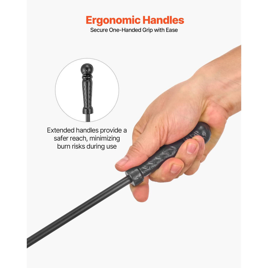 Black fireplace poker handle with textured grip, part of the 4-piece tool set.