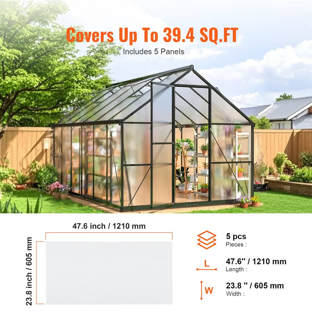 Greenhouse cover made with five transparent polycarbonate panels, 8mm each