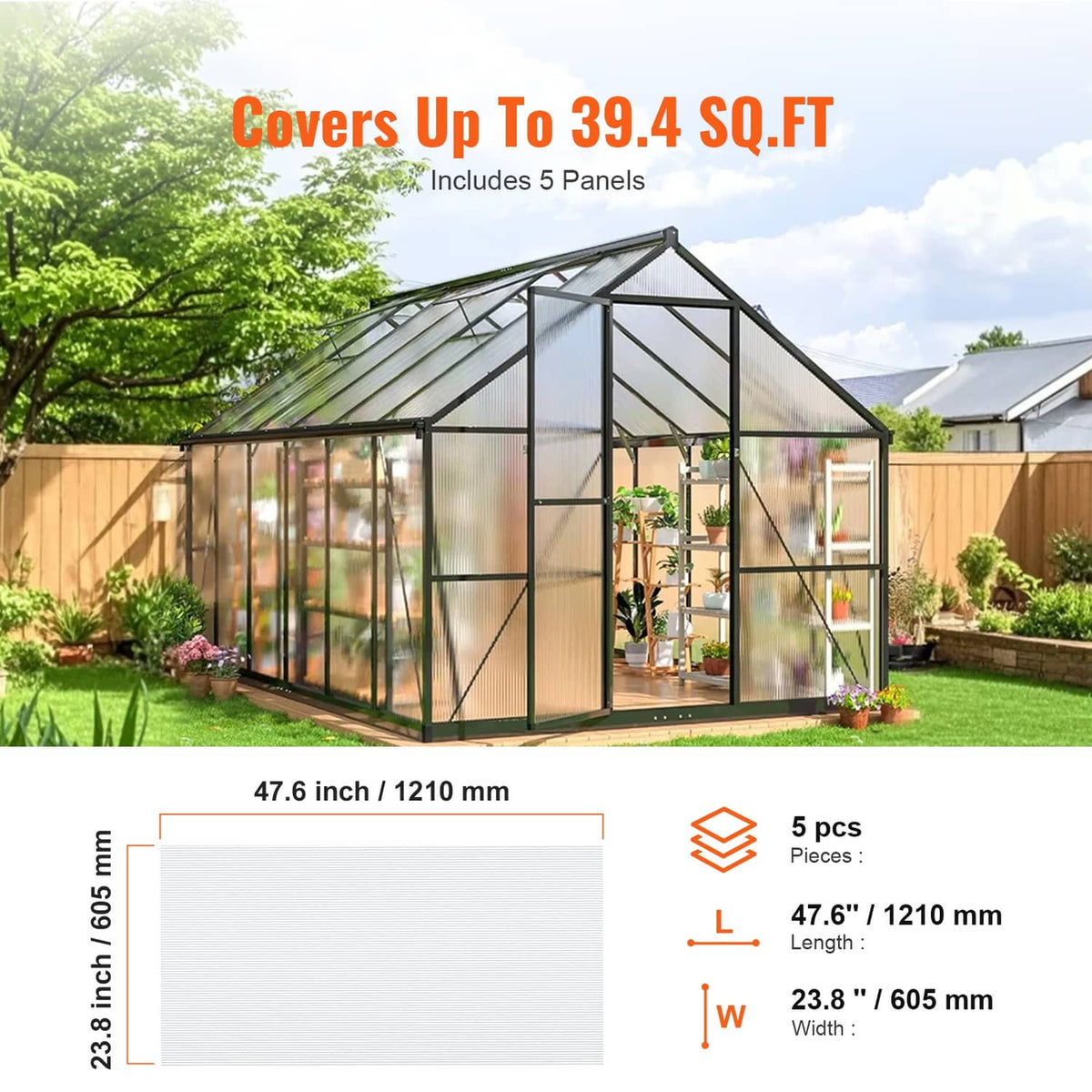 Greenhouse cover made with five transparent polycarbonate panels, 8mm each