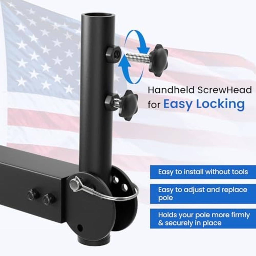 Black flagpole receiver with three-screw locking clamp on trailer hitch mount