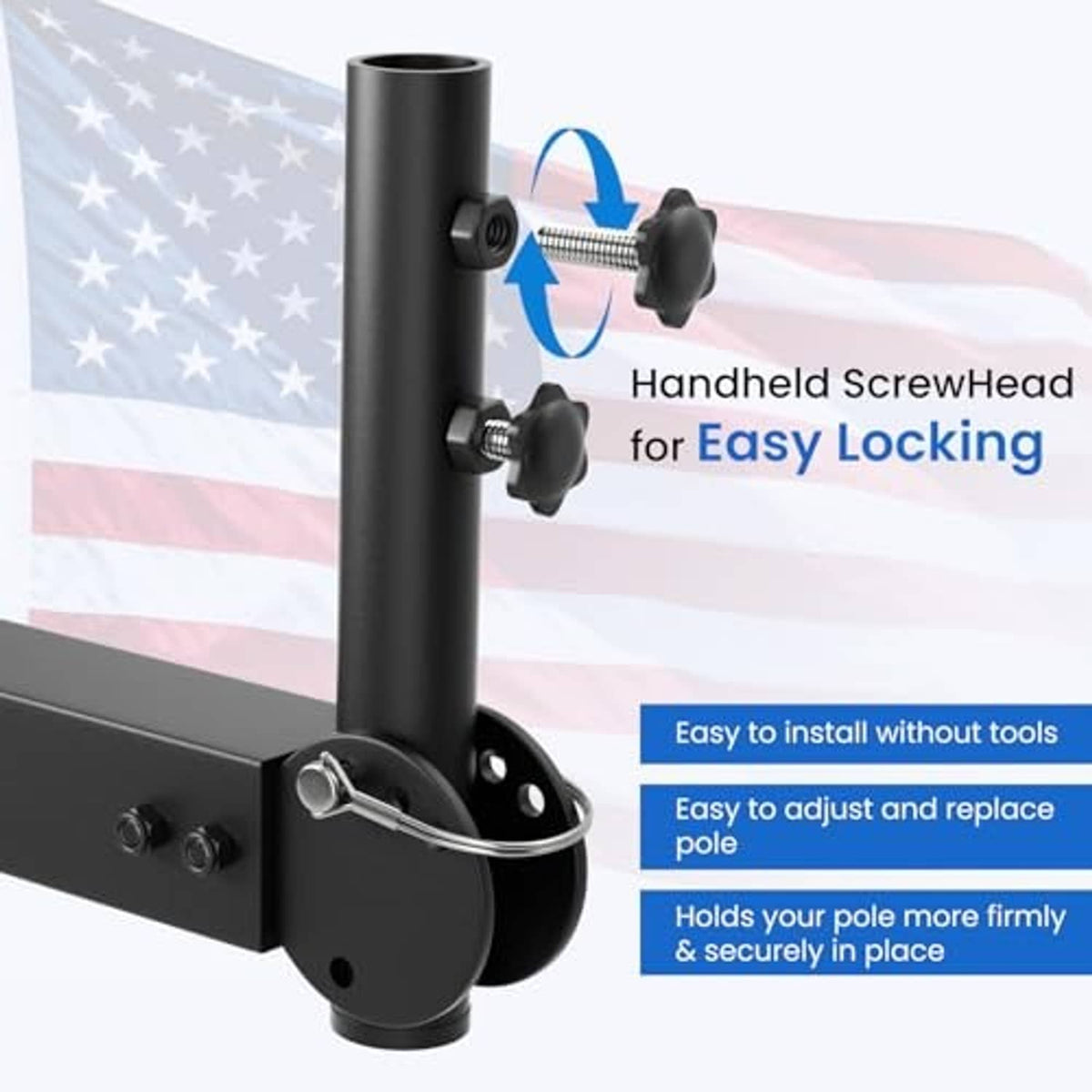 Black flagpole receiver with three-screw locking clamp on trailer hitch mount