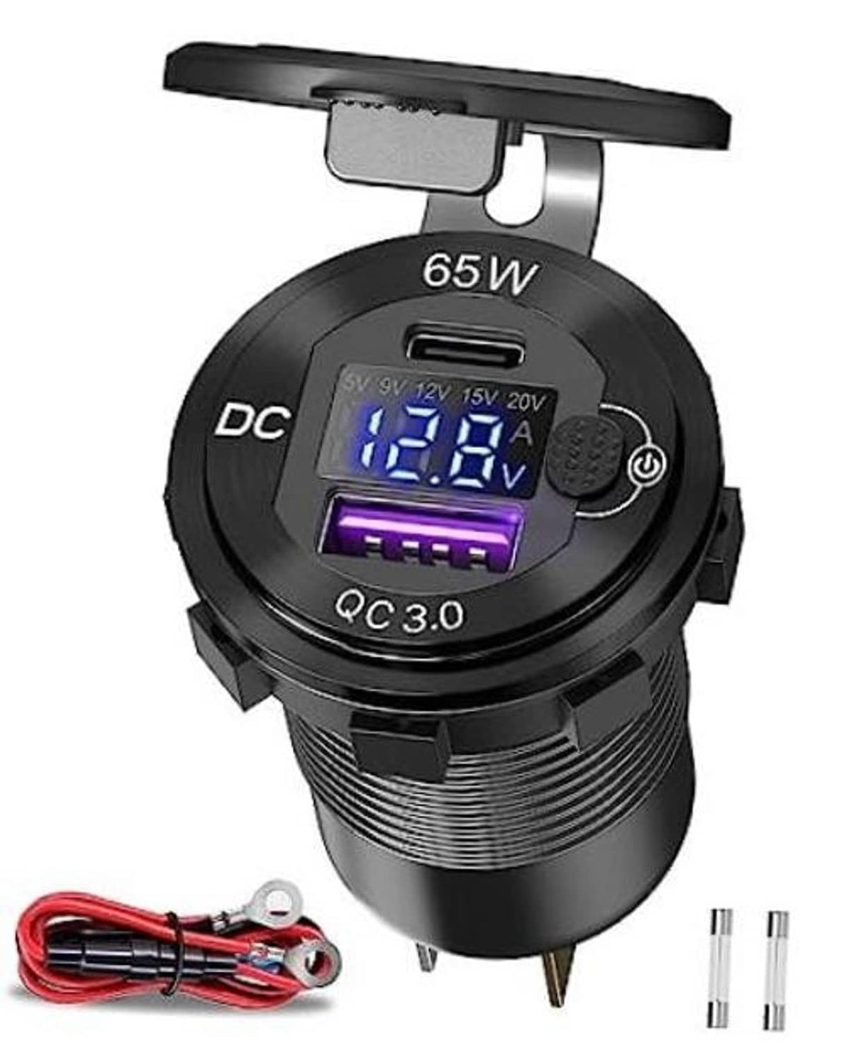 Black 65W DC USB power outlet with blue LED display and QC3.0 port, mounted base