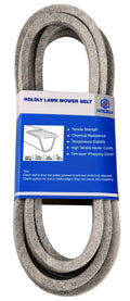 Gray mower deck belt with blue product label, looped shape
