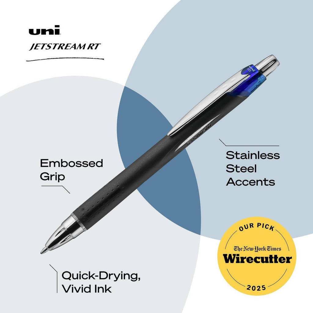 Black Jetstream RT ballpoint pen with blue grip area and embossed handle