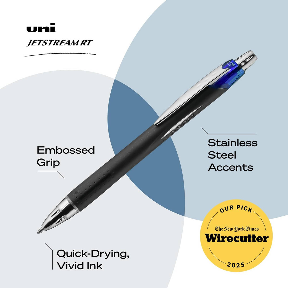 Black Jetstream RT ballpoint pen with blue grip area and embossed handle