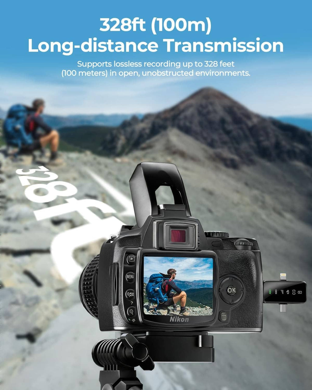 Soot black wireless mini microphone mounted on a camera