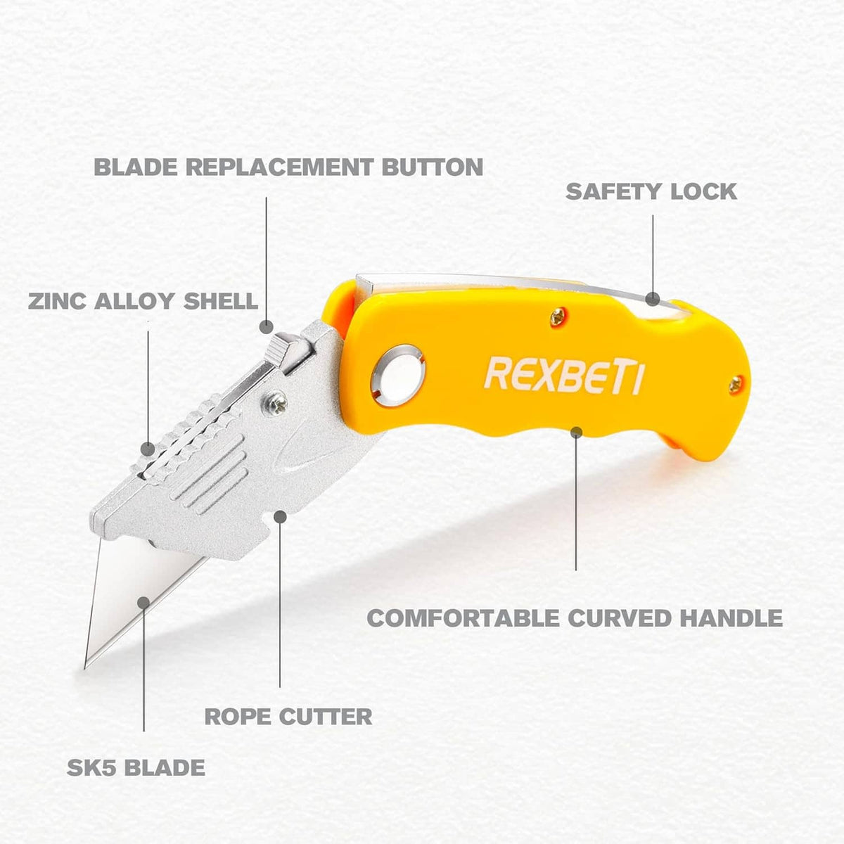 Yellow folding utility knife showing blade, safety lock, and curved handle