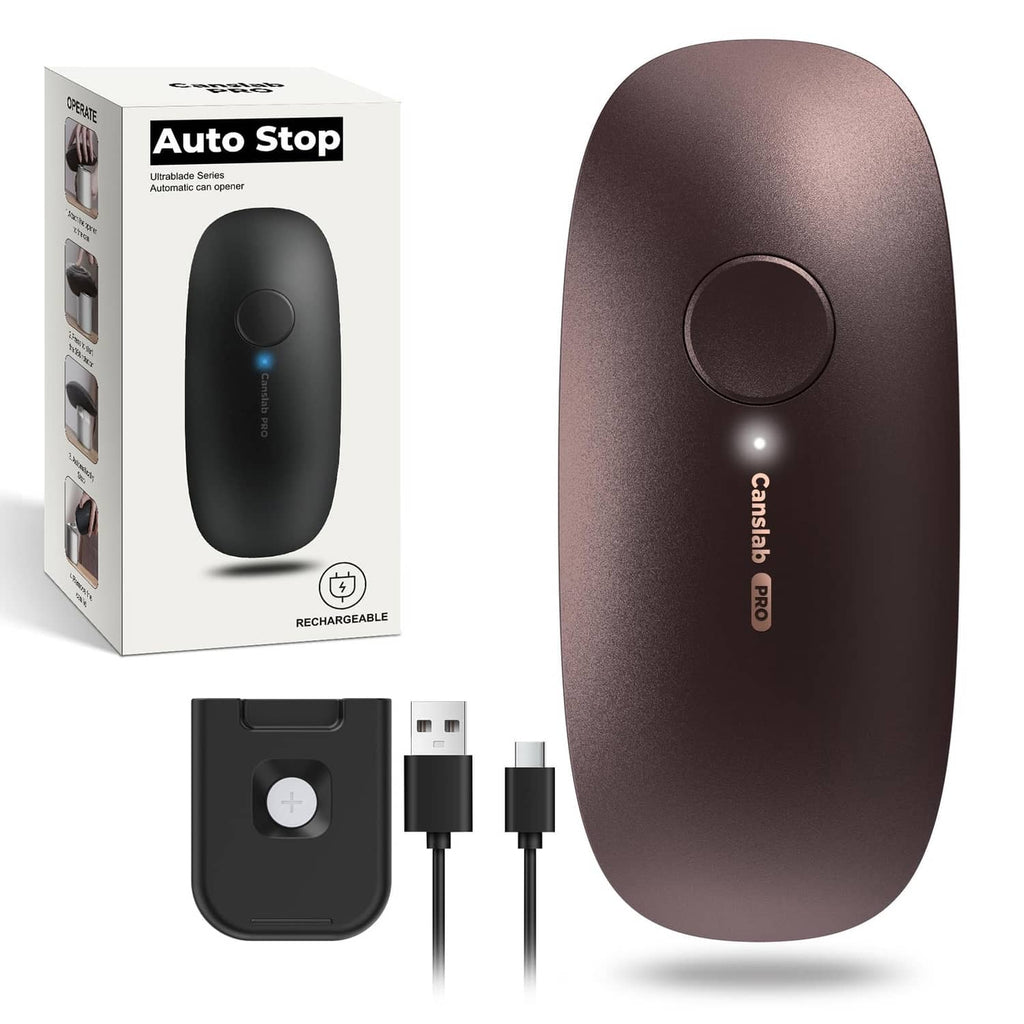 Rechargeable electric can opener kit with charging cable and product packaging