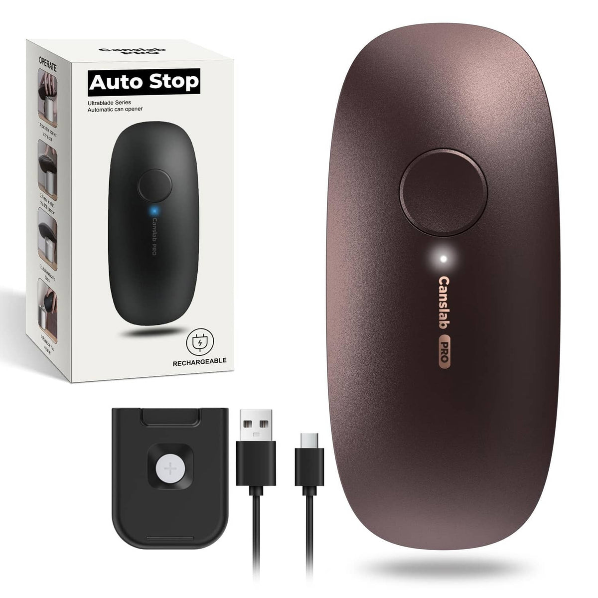 Rechargeable electric can opener kit with charging cable and product packaging