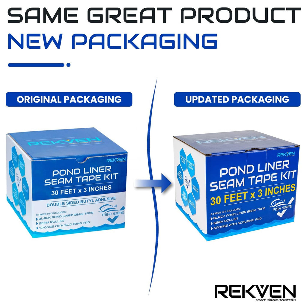 Pond liner seam tape kit box showing original and updated packaging