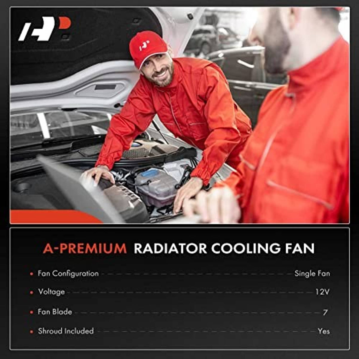 Radiator cooling fan assembly shown with technician under the vehicle hood
