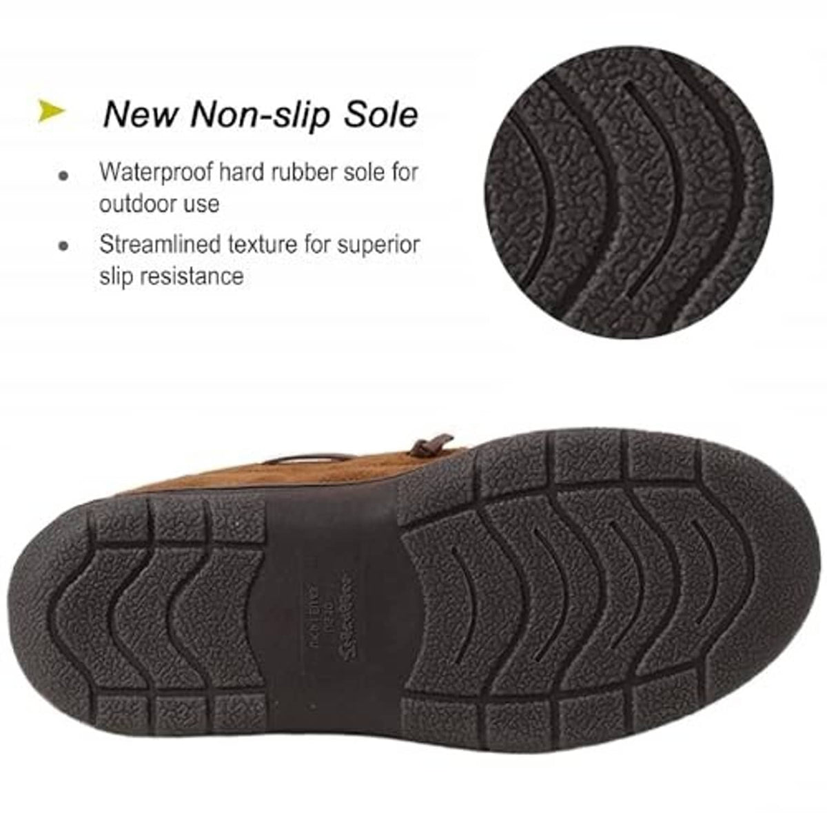 Men's camel moccasin slippers outsole close-up with textured non-slip tread.
