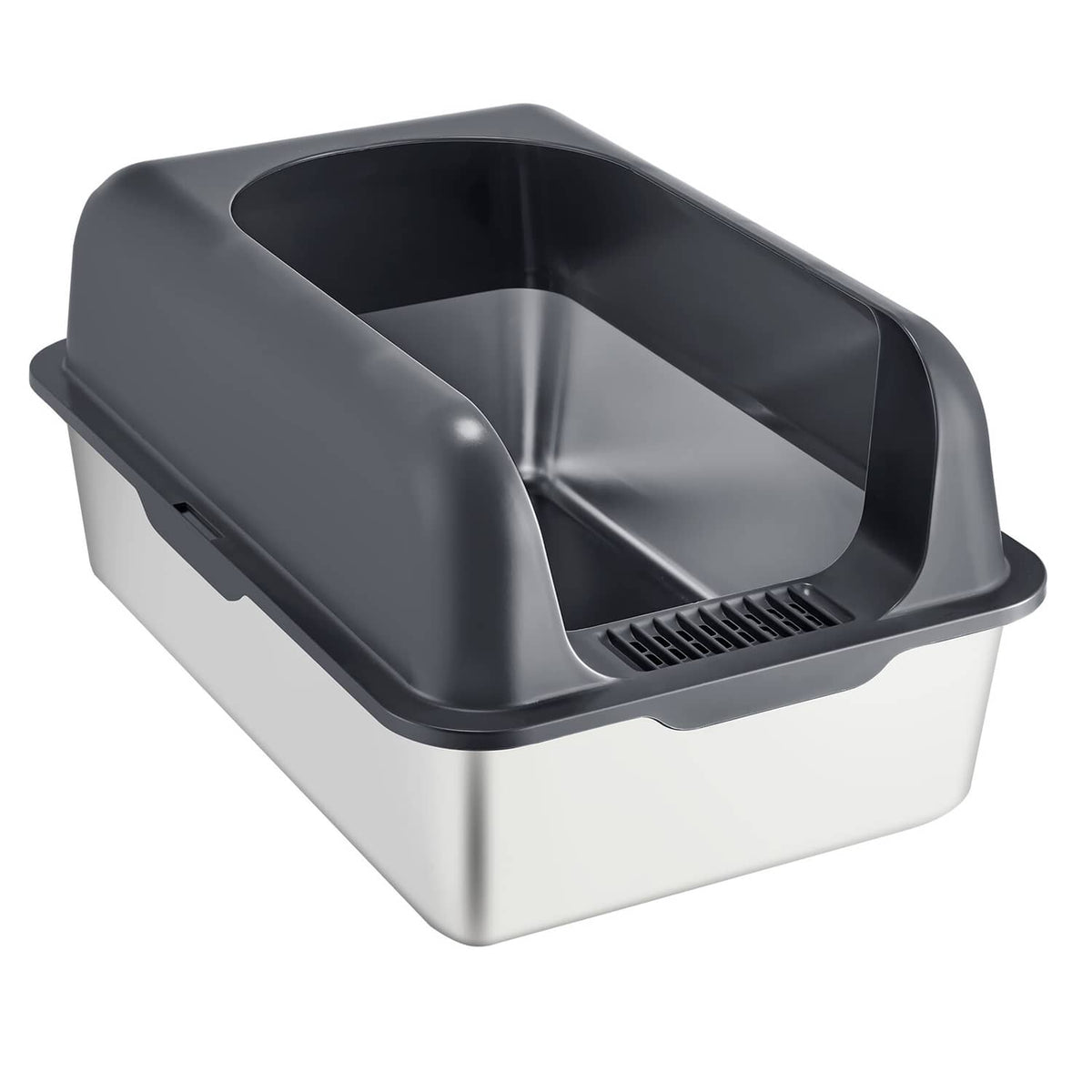 Deep cat litter box with dark gray hood and open entrance, grated liner inside