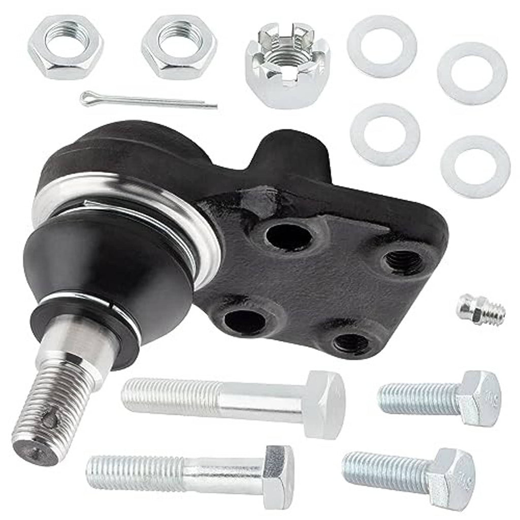 Ball joint with black boot and silver ball stud; hardware set with bolts and washers