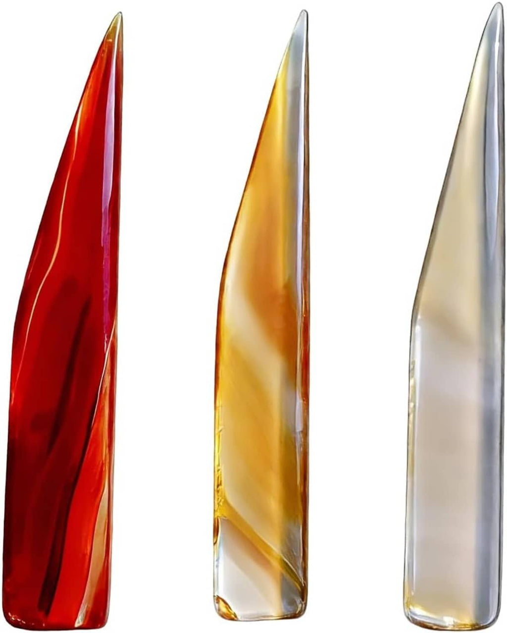 Three gemstone agate polishing knives with red, amber, and clear pointed tips