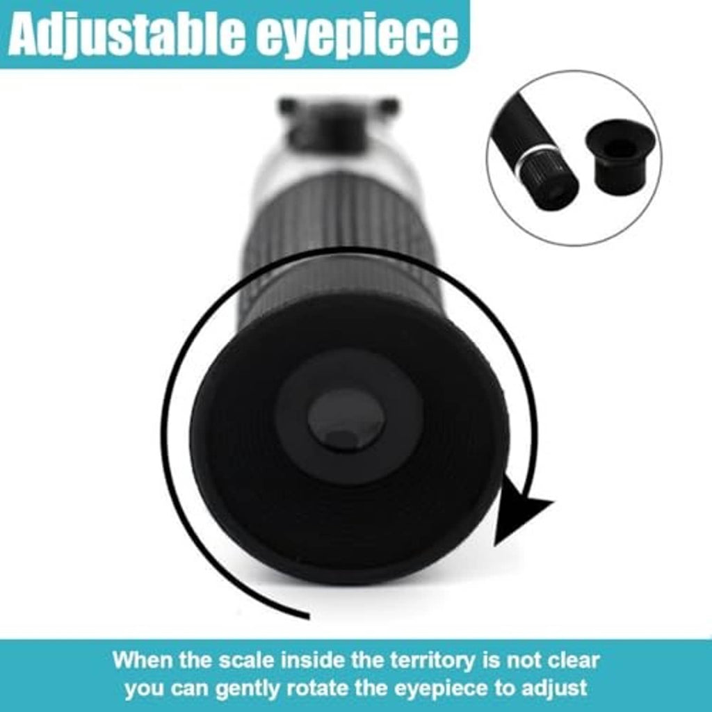 Adjustable eyepiece refractometer with black textured housing and blue window