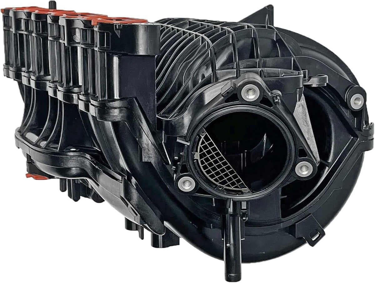 Black intake manifold with large round air intake opening and mounting points