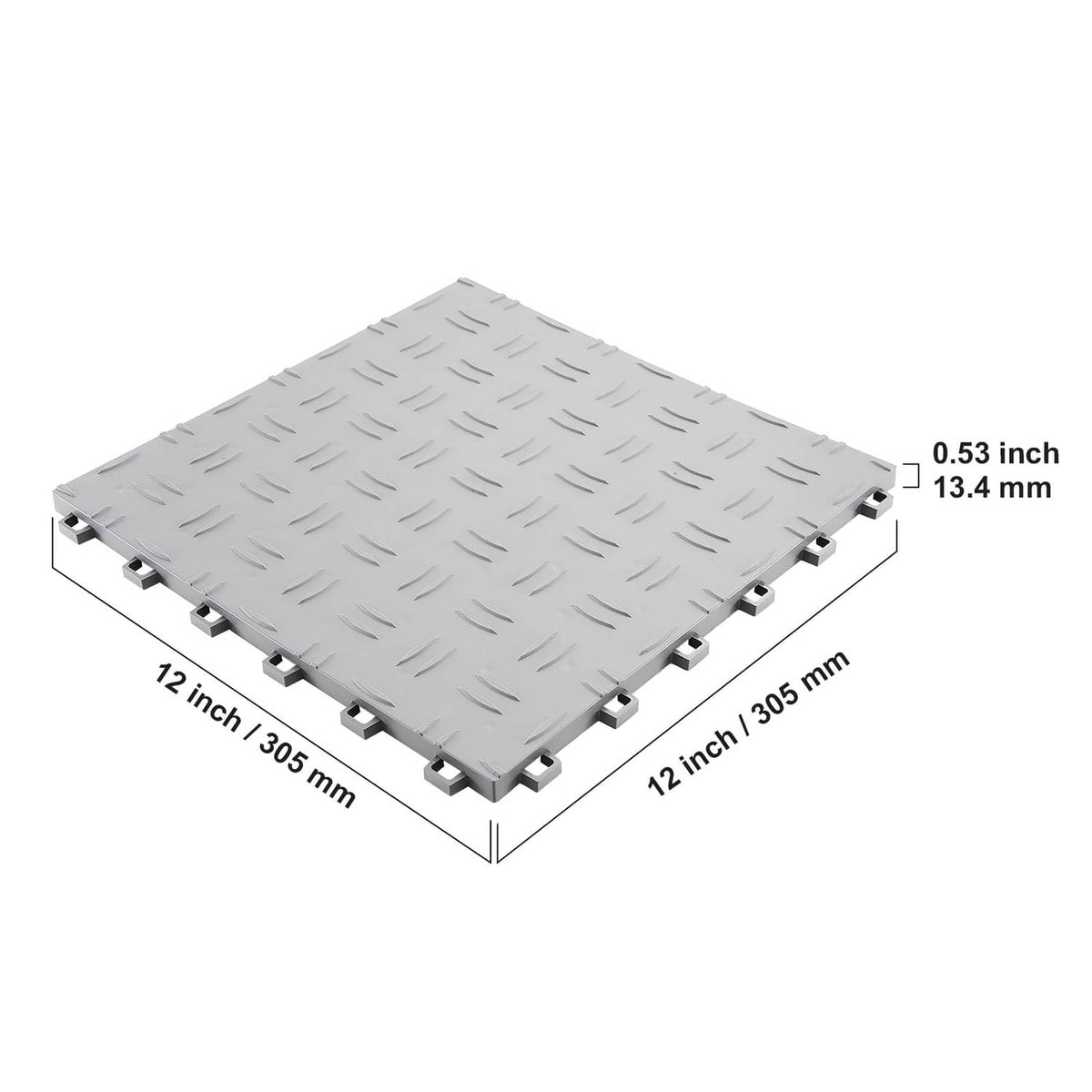 Silver interlocking garage floor tile with diamond-grip top and snap interlock edges