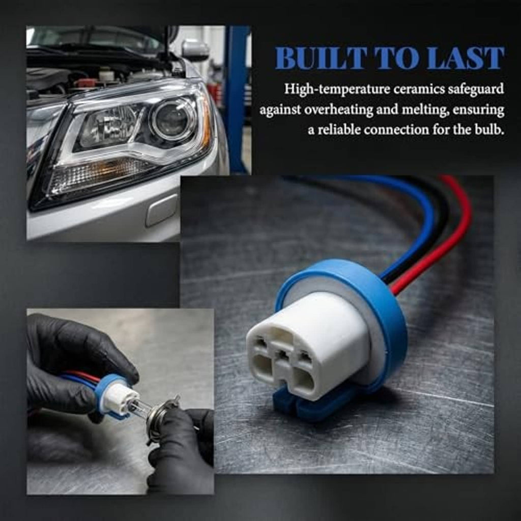 Headlight wiring harness pigtail connector on metal surface, white plug with red/blue wires
