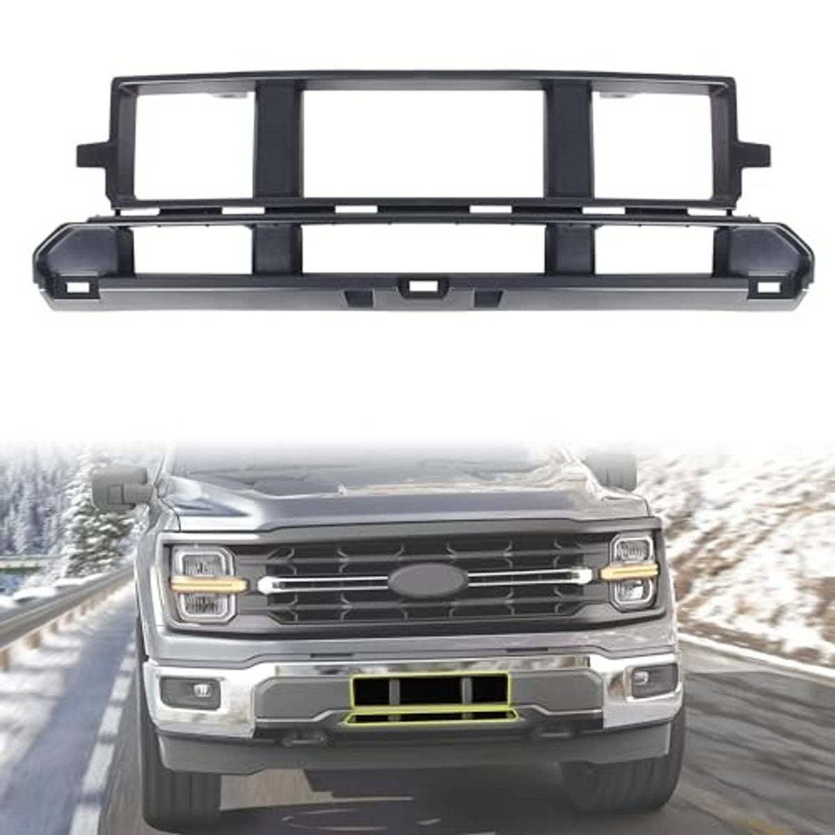 Black front grille insert frame with center circle opening and rectangular side slots