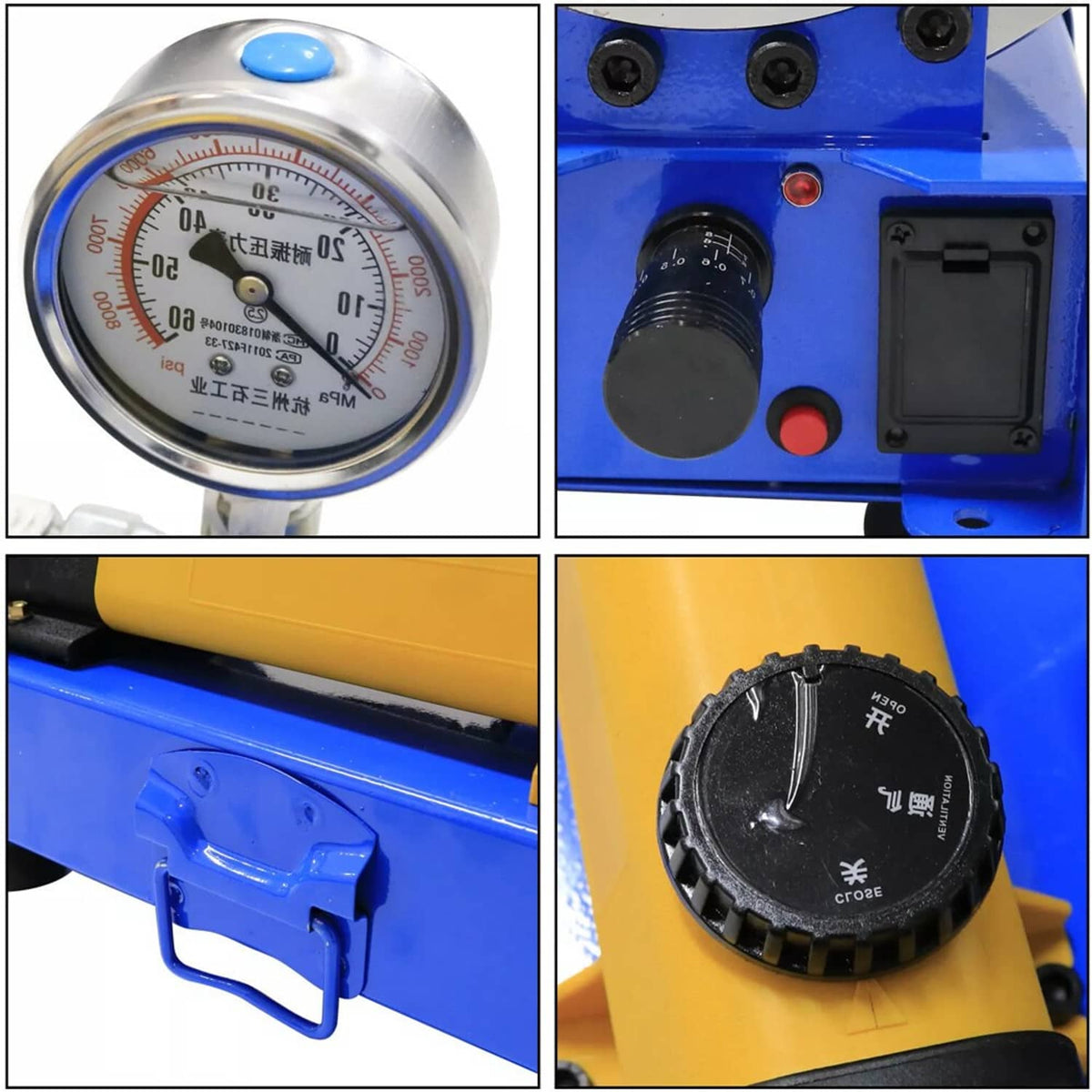 Hydraulic crimper close-up with pressure dial, control panel, and black die selector cap