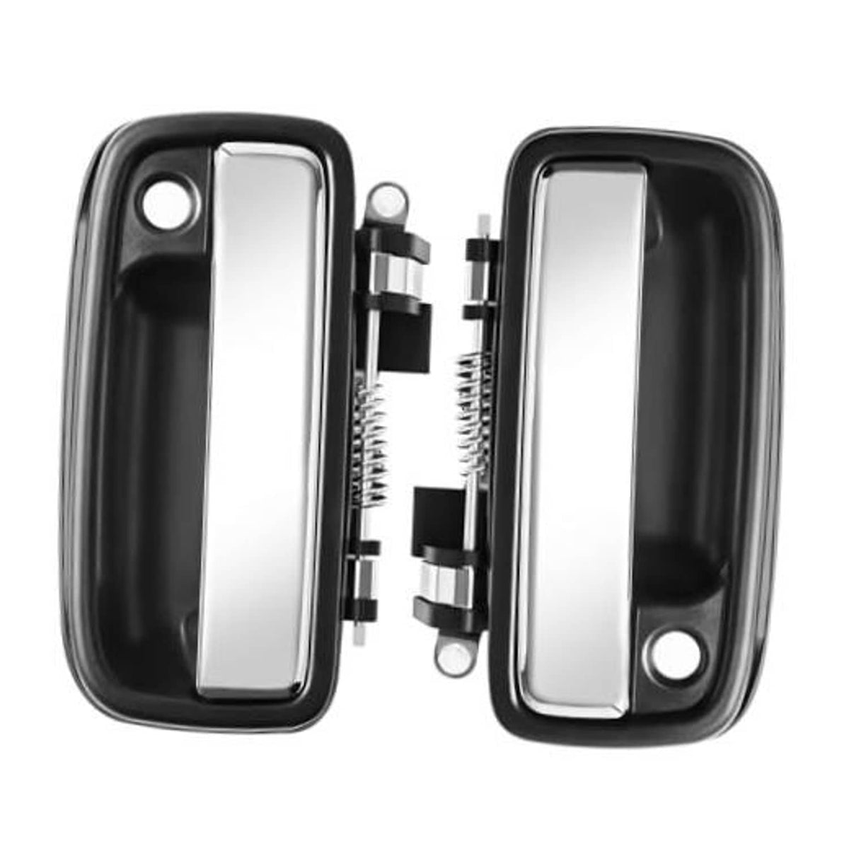 Exterior door handle pair with chrome lever and black housing, front left and right shown