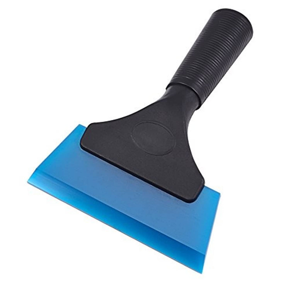 Blue rubber window tint squeegee with black handle and wide blade for smoothing film