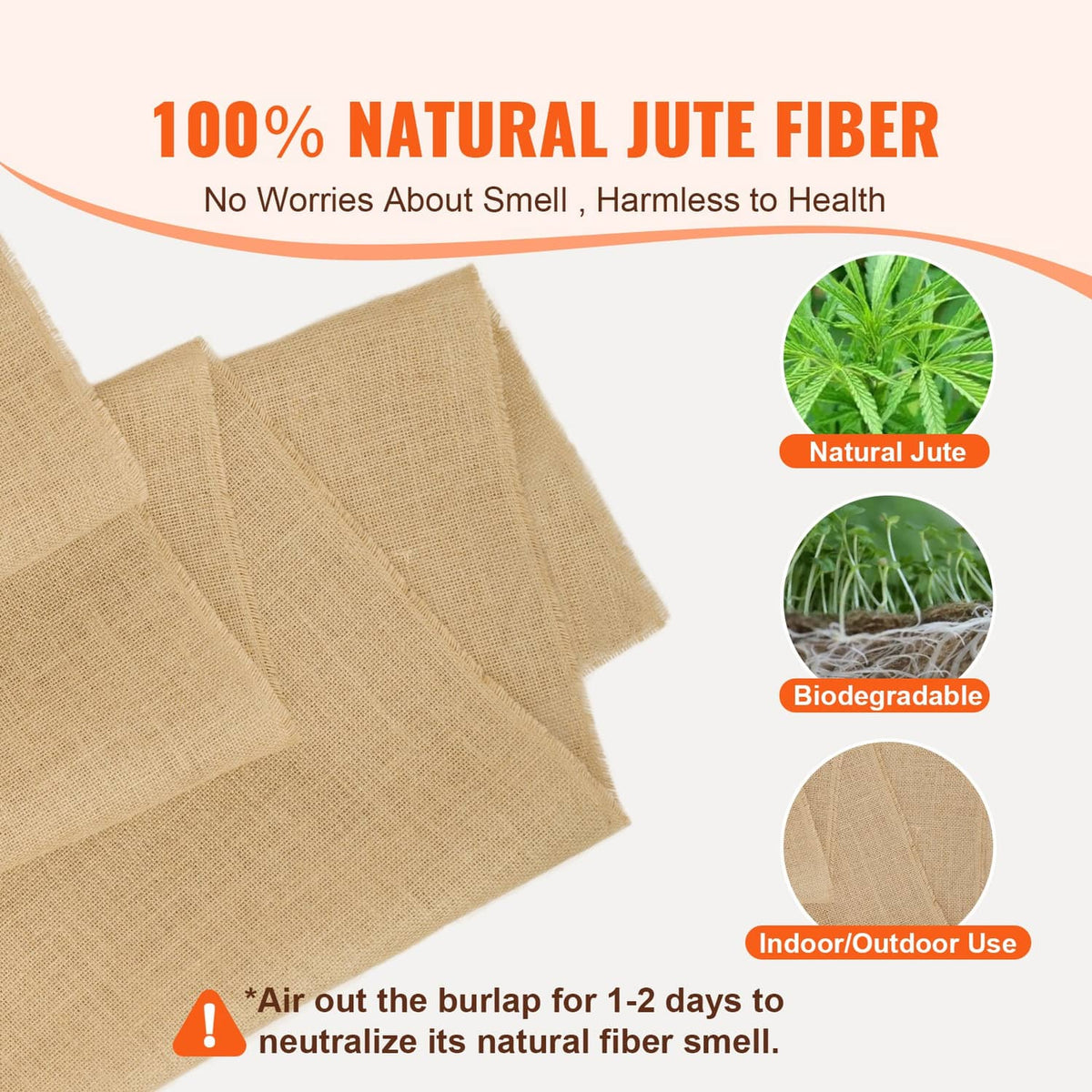 Natural jute burlap fabric roll and folded pieces, tan woven texture