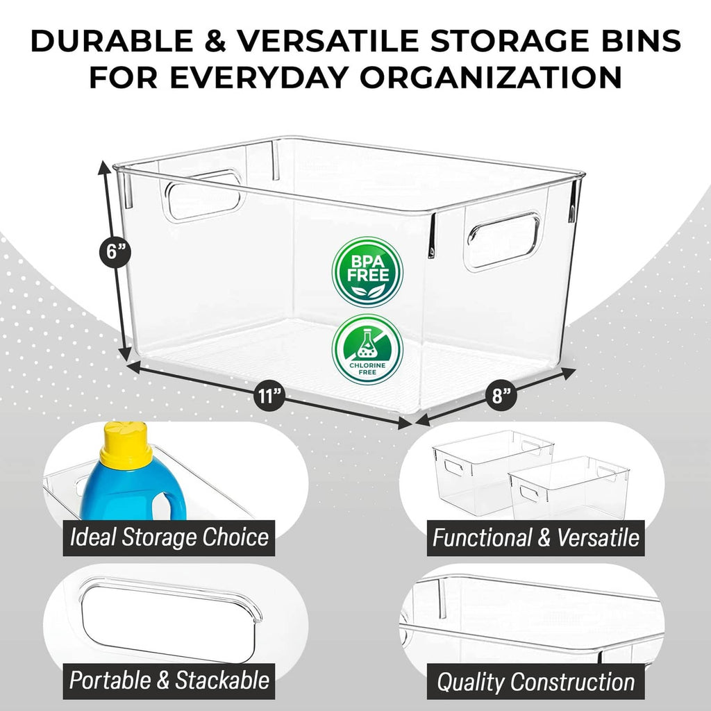 Clear BPA-free plastic storage bin with front cutout handles, stackable design