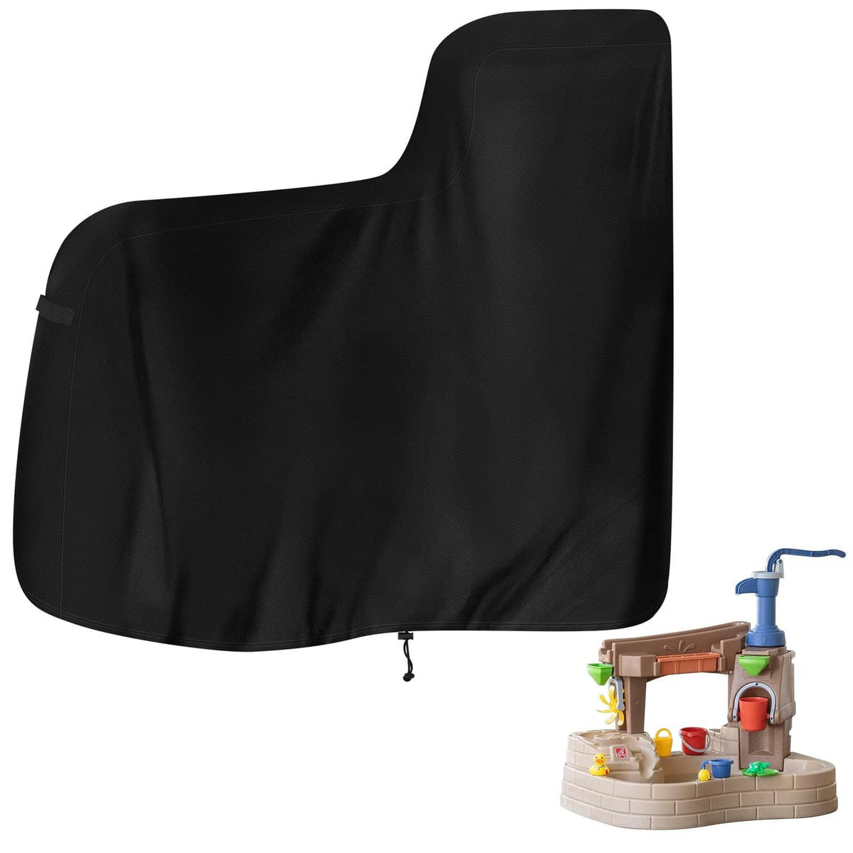 Black water table cover with pump cutout and adjustable drawstring