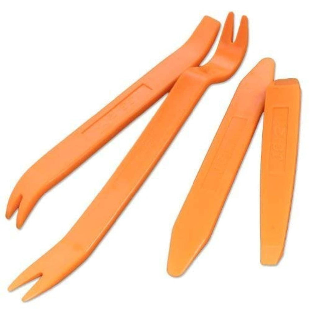 Orange plastic car panel trim removal tools set with four pry clips