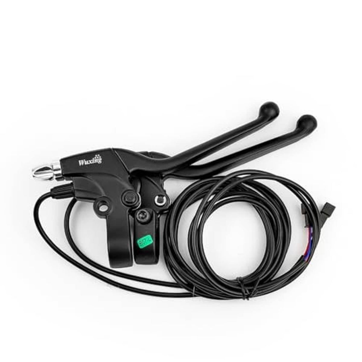 Pair of black e-bike brake lever grips with wiring harness for rearview mirrors