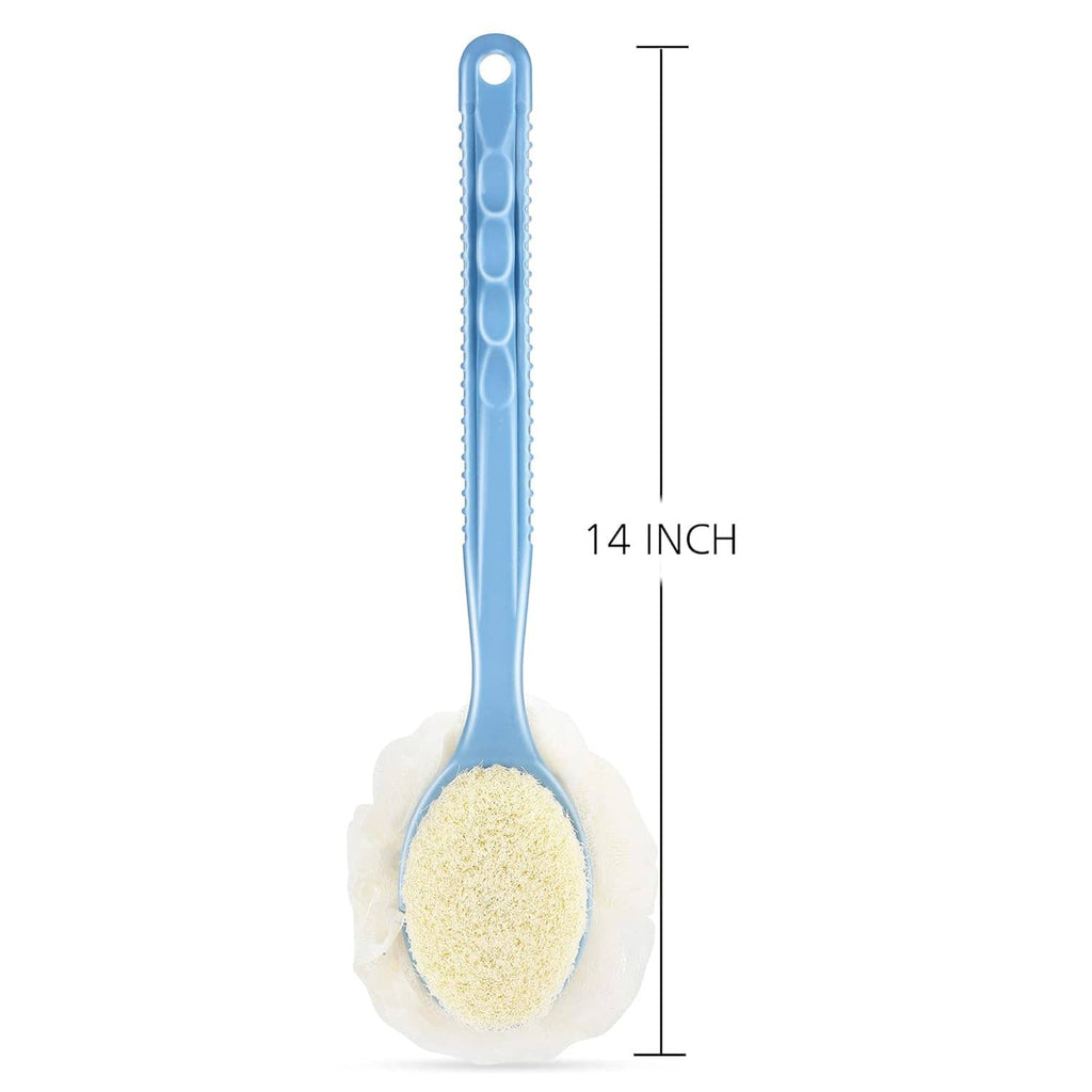 Shower body brush with blue handle and oval loofah sponge scrubbing head