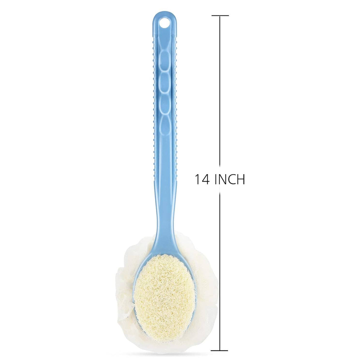 Shower body brush with blue handle and oval loofah sponge scrubbing head