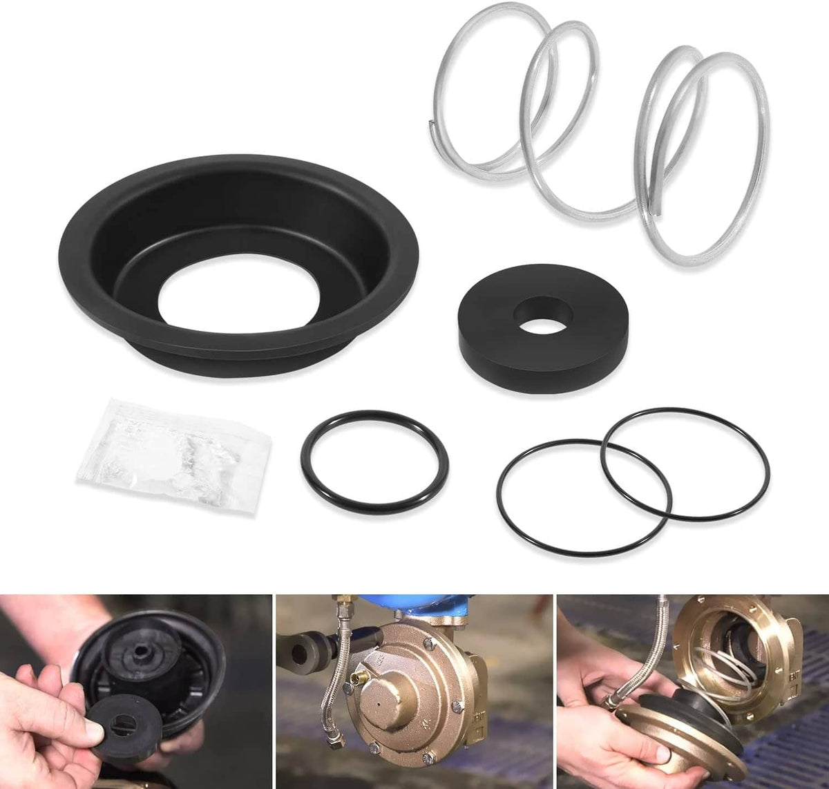 Relief valve rubber repair kit with black gasket, O-rings, and spring components