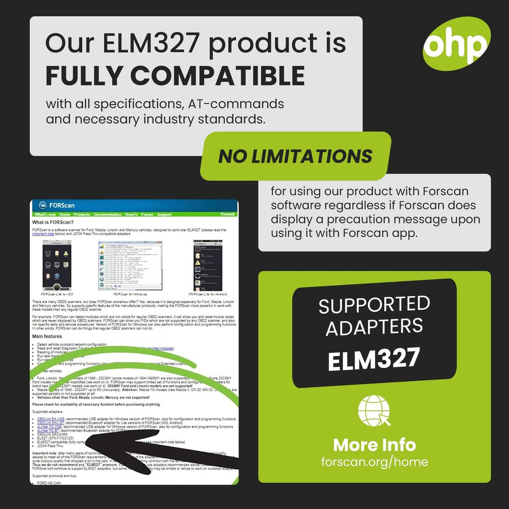 ELM327 OBD2 adapter compatibility graphic with supported adapter label