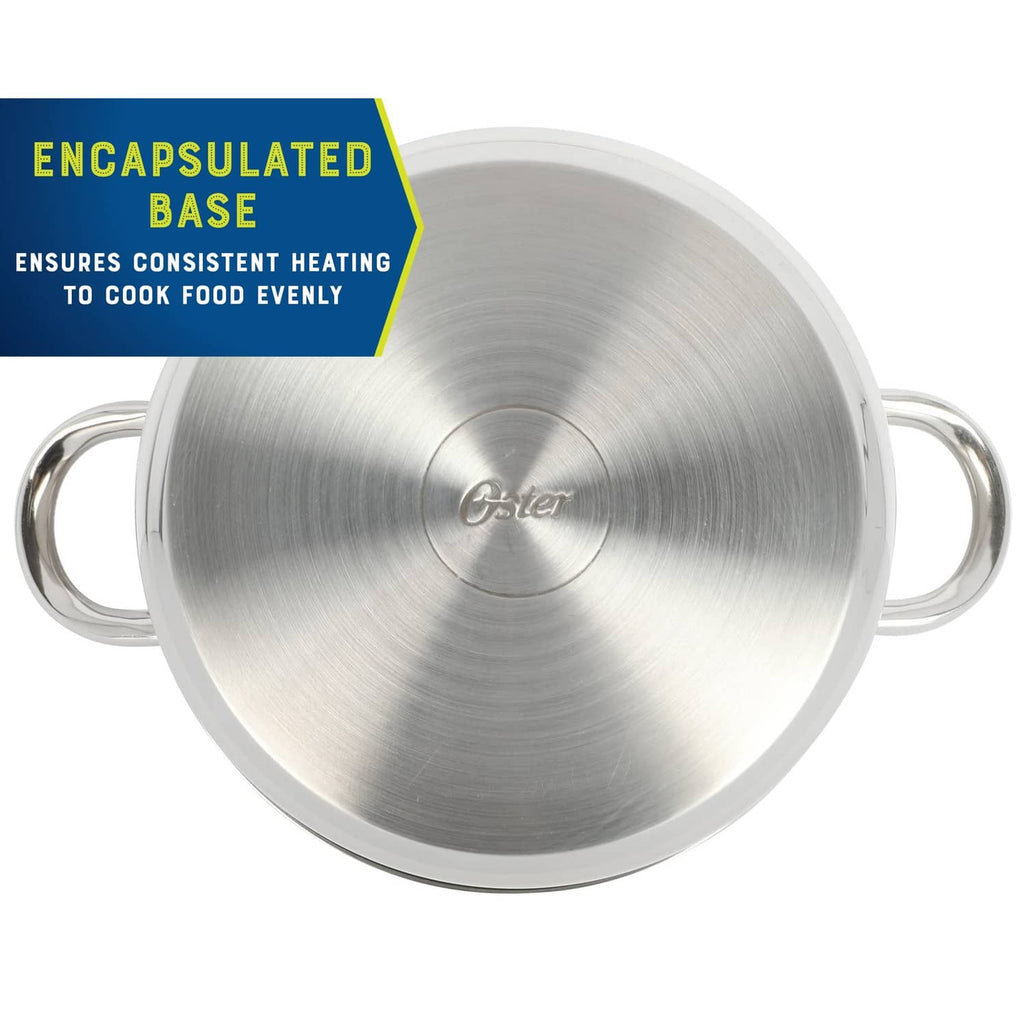 Stainless steel pot lid close-up with encapsulated base design