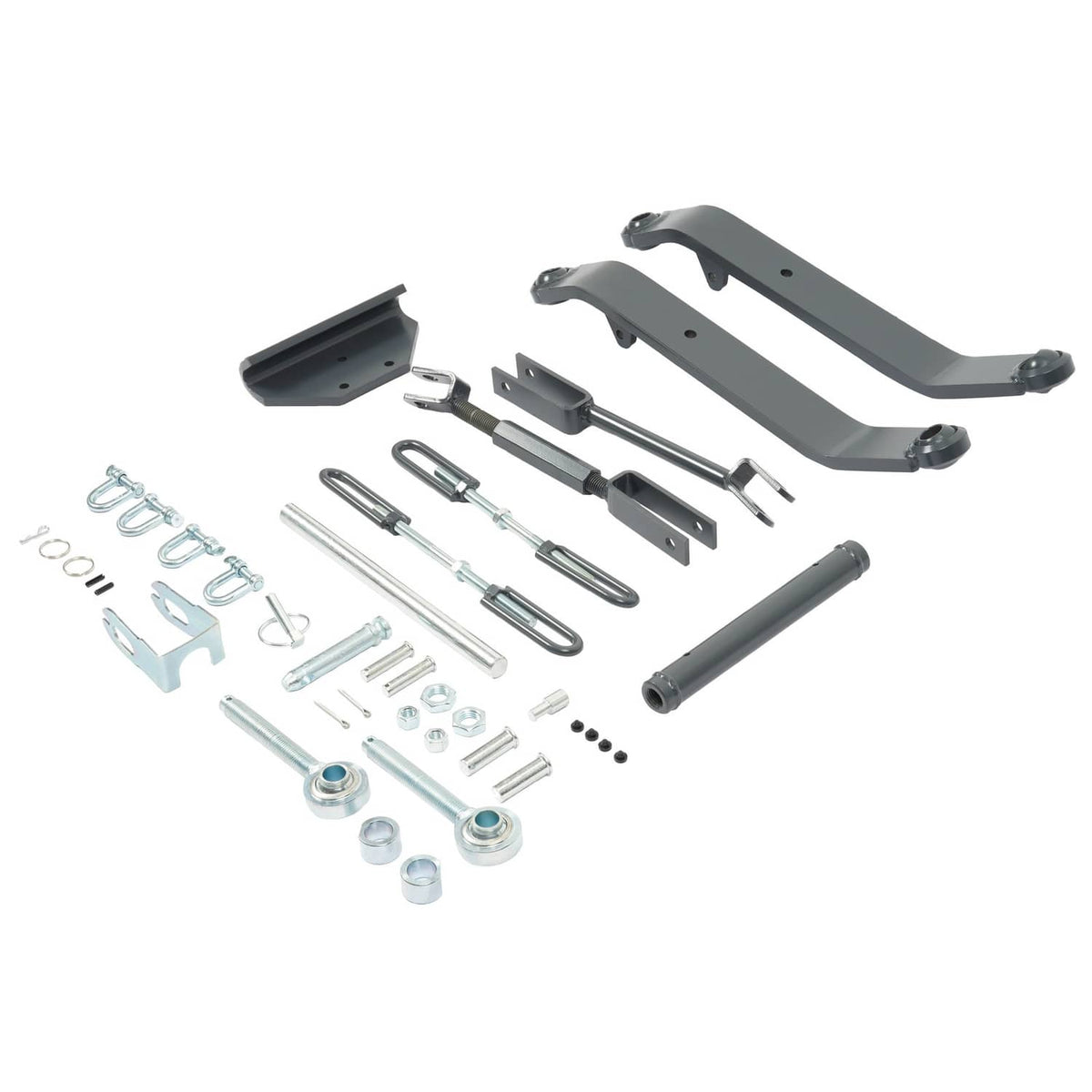 3-point hitch hardware kit with dark steel brackets, pins, and zinc-plated bolts