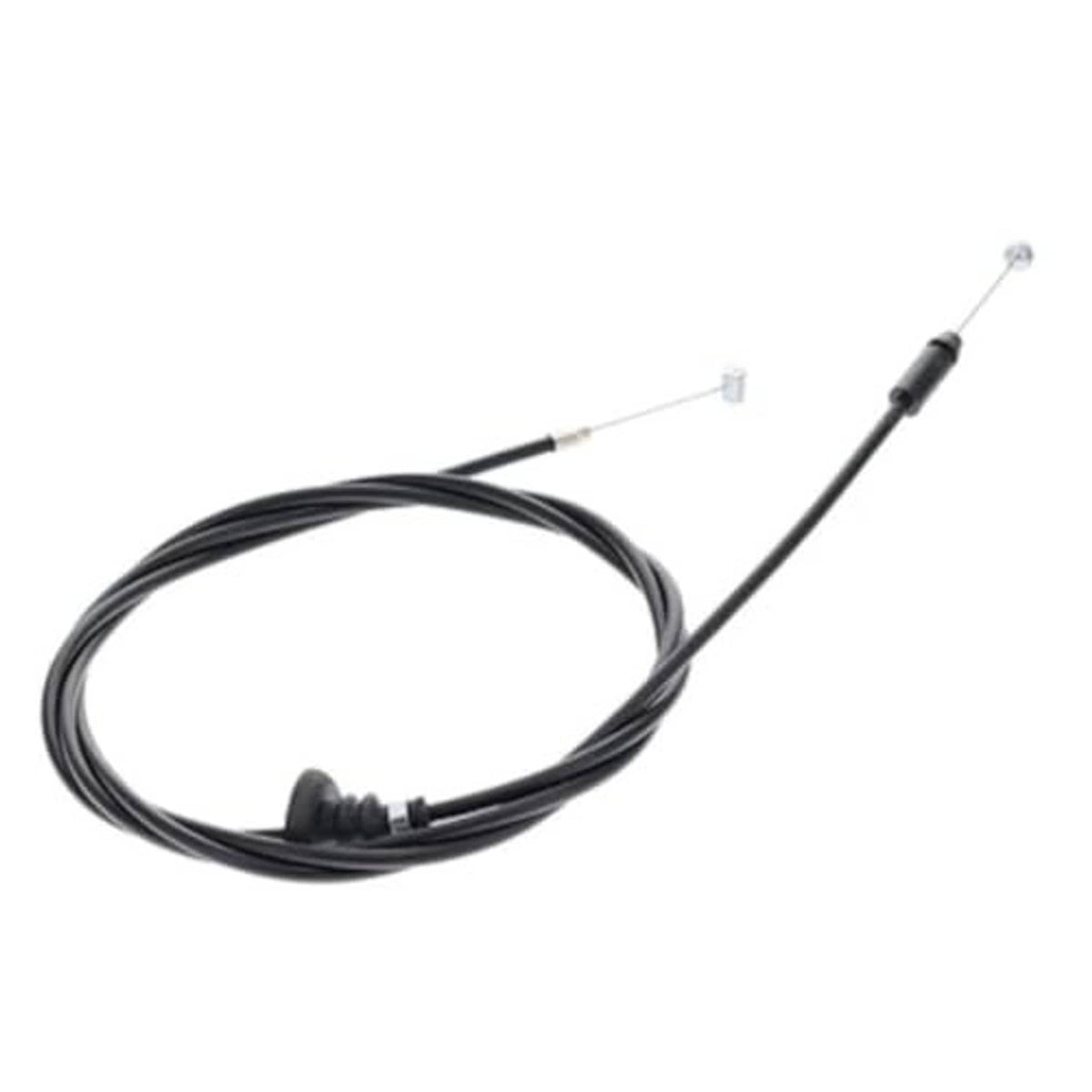 Black hood release cable with two metal tips and plastic clips; coiled cable loop.