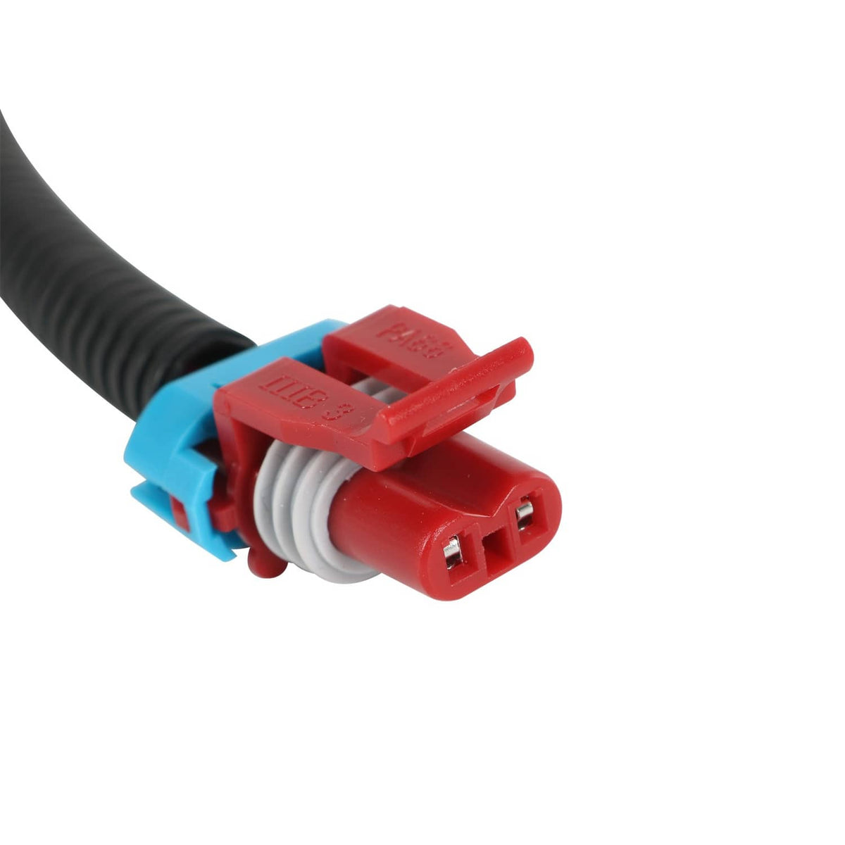 Vapor canister vent solenoid wire connector, red latch and blue insulator on black cable