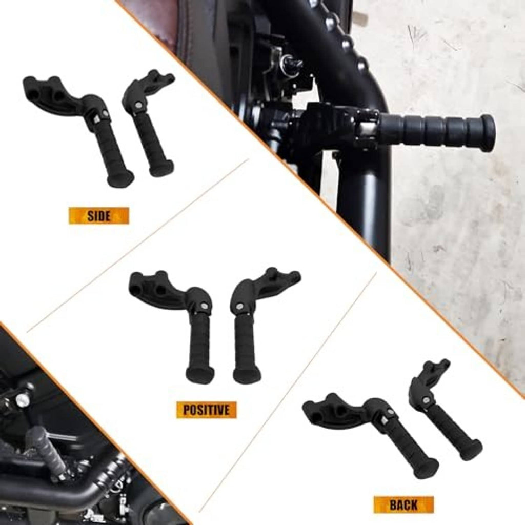 Pair of matte black motorcycle foot pegs with folding brackets for rear mounting