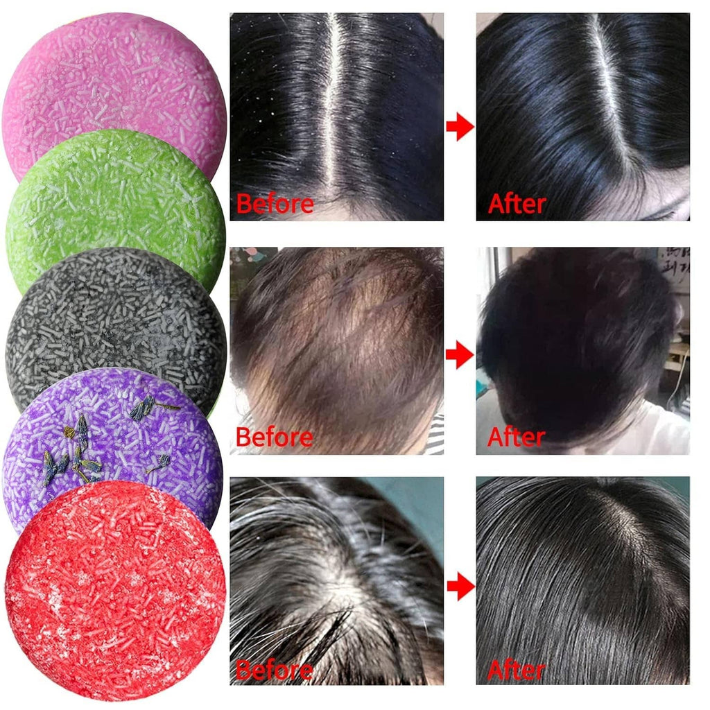 Set of four round shampoo bar soaps in pink, green, gray, and purple