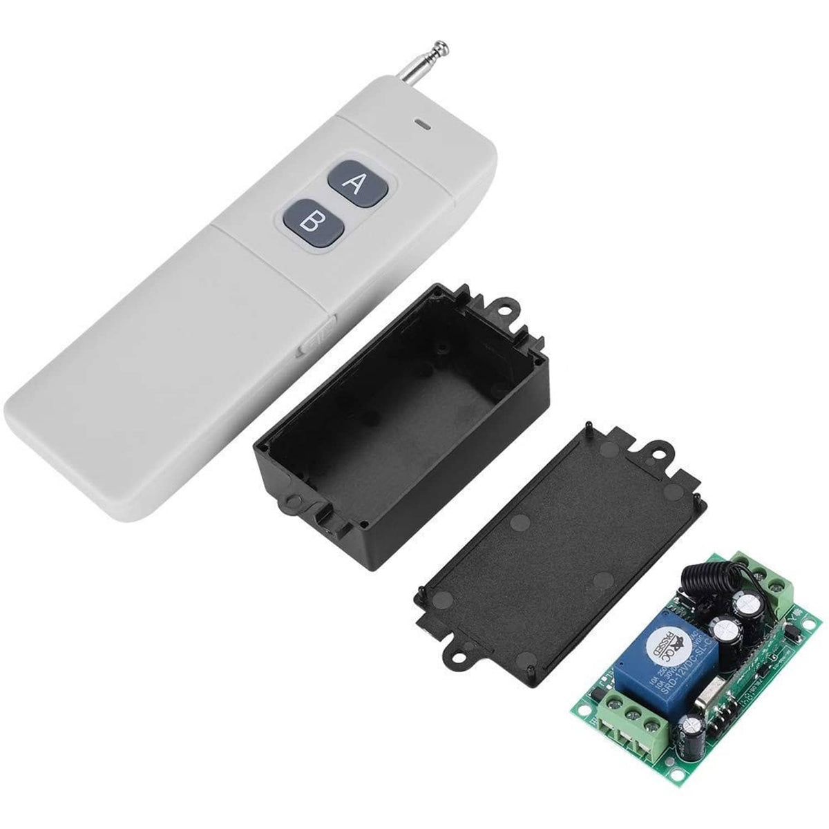 2-channel RF remote transmitter with open receiver cases and circuit board