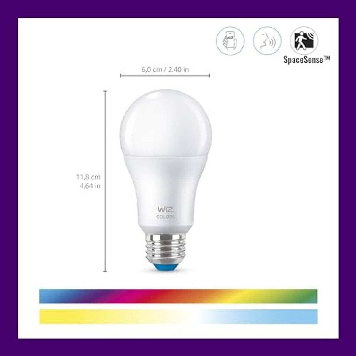 WiZ color smart LED bulb with E26 base, size diagram, SpaceSenseTM icons